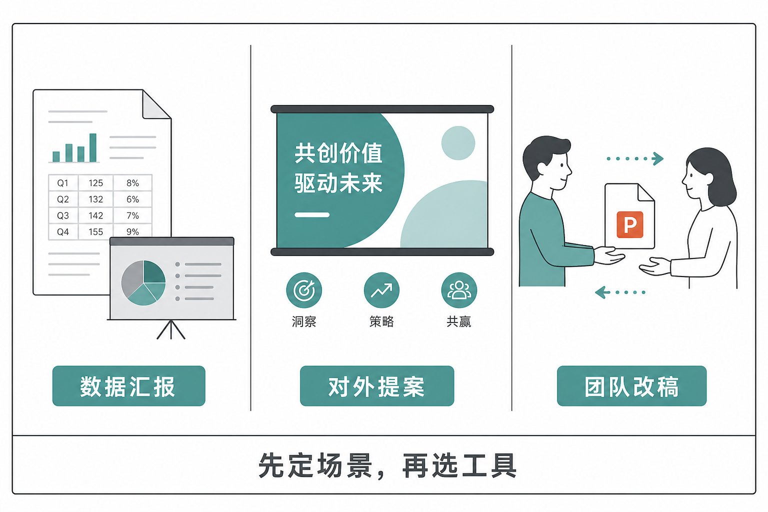 数据汇报、对外提案、团队改稿三个场景对应不同 AI PPT 工具